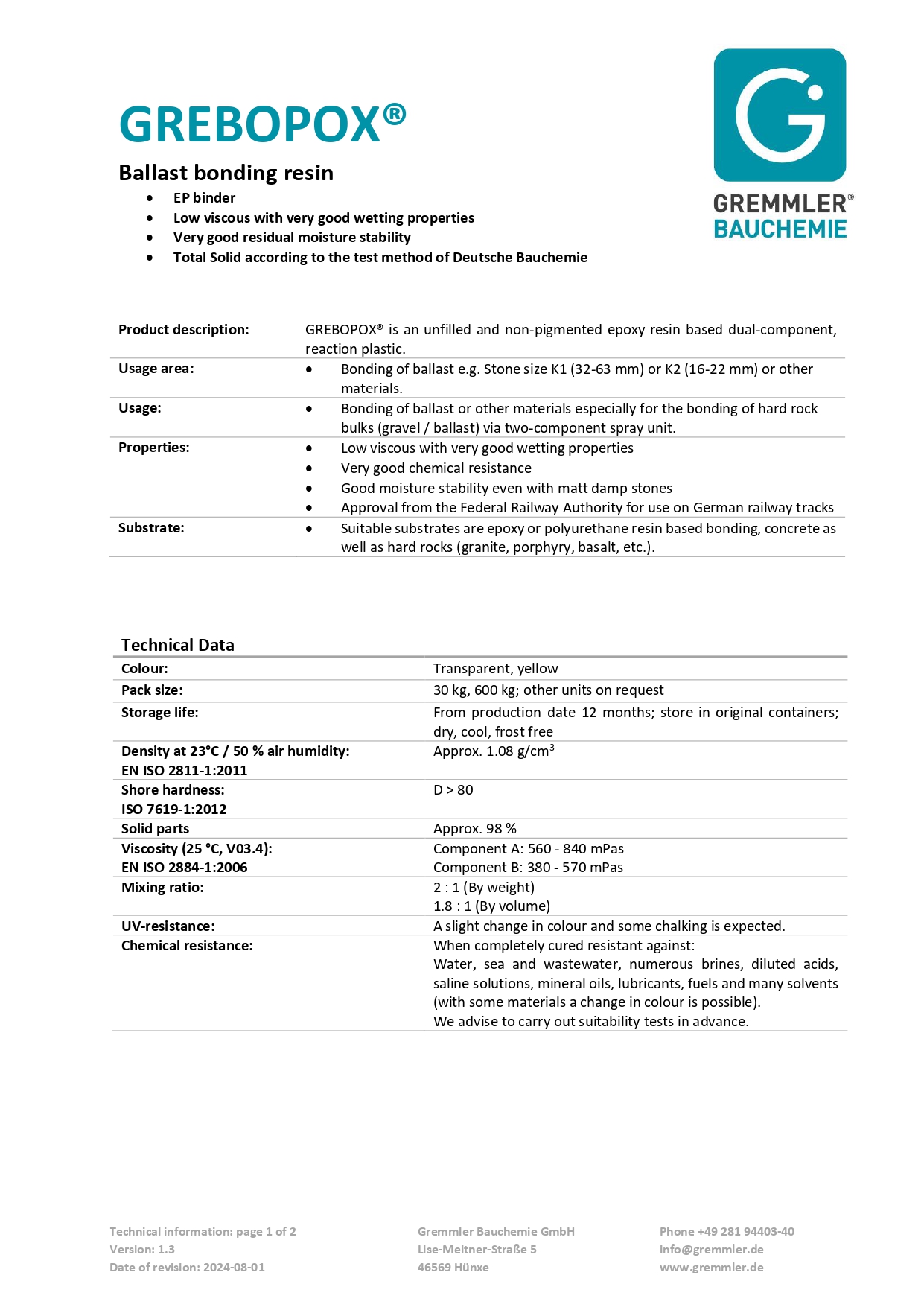 Resina de Pegamento de Balasto GREBOPOX